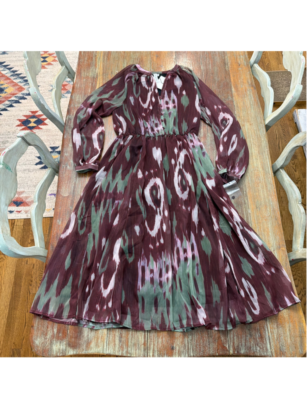 Grace + Karma NWT Ikat Midi Dress M Burgundy Green Sheer Long Sleeve Boho